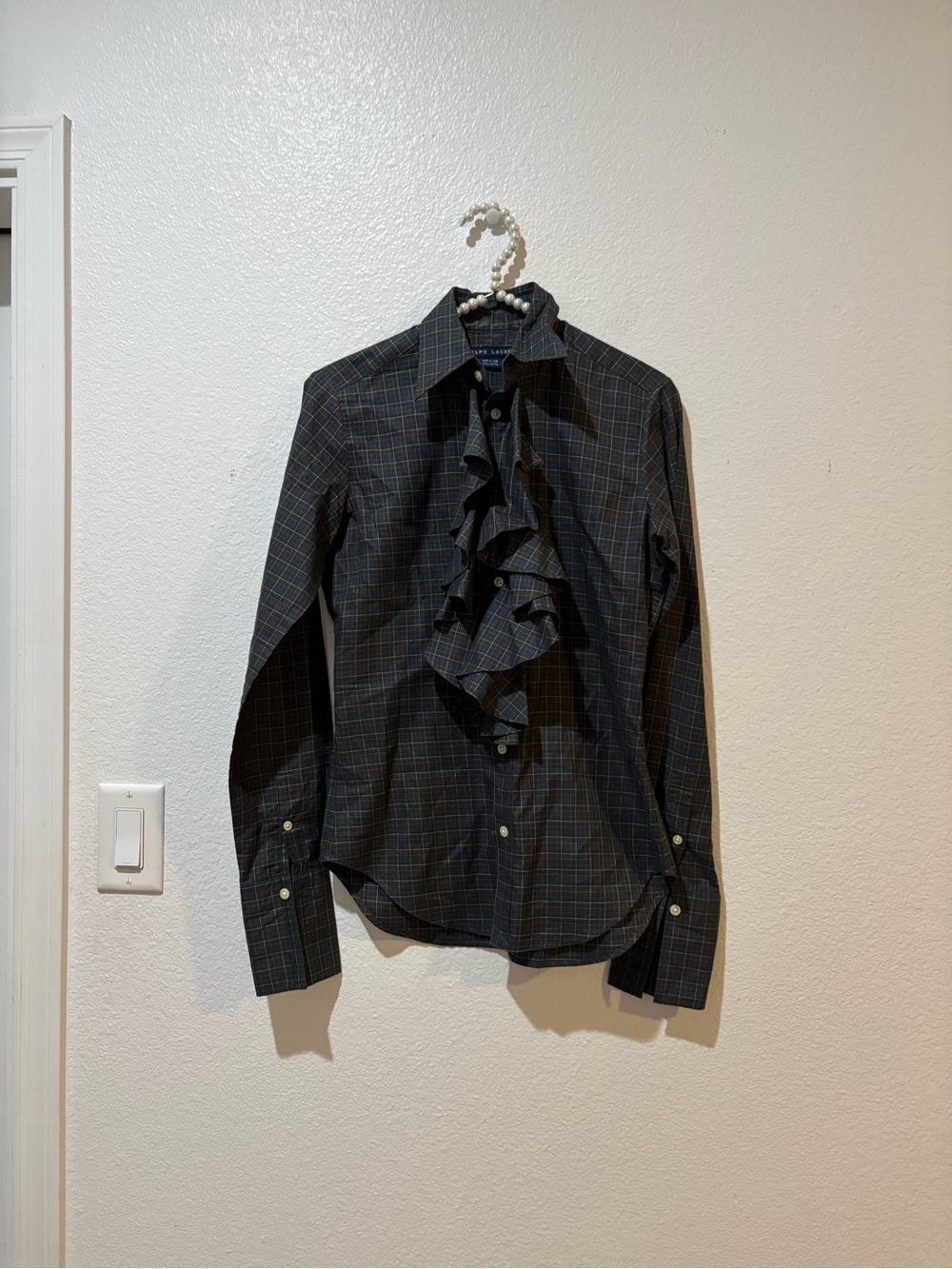 Ralph Lauren 2 Green womens Plaid Ruffle-Front Button Down Shirt